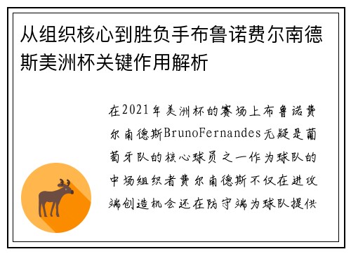 从组织核心到胜负手布鲁诺费尔南德斯美洲杯关键作用解析 从组织核心到胜负手布鲁诺费尔南德斯美洲杯关键作用解析
